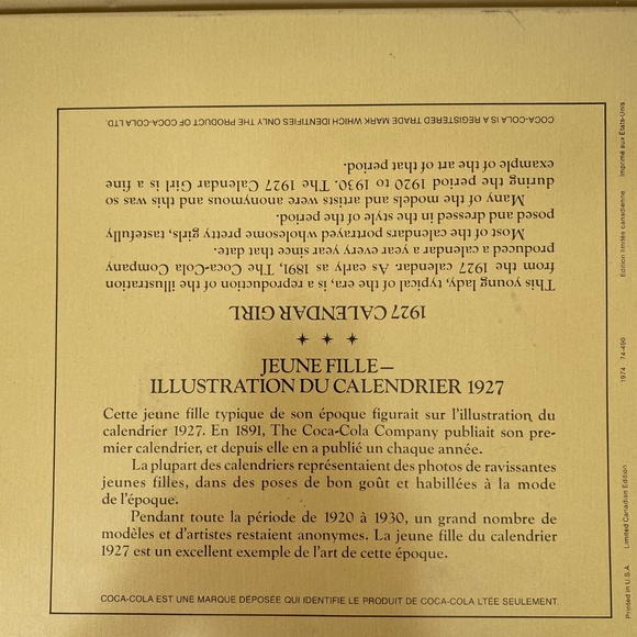 Coca-Cola Co 1927 Calendar Girl Tin Tray Ltd Canadian Edition 1974 Vintage - Picture 6 of 10